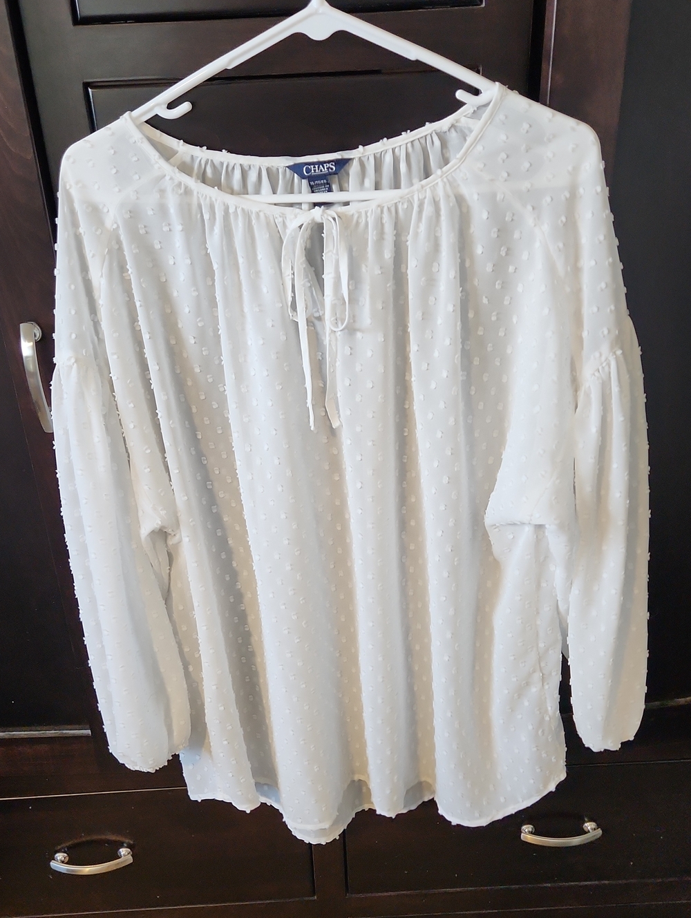 Chaps White Swiss Dot Peasant Top with Tie Neck